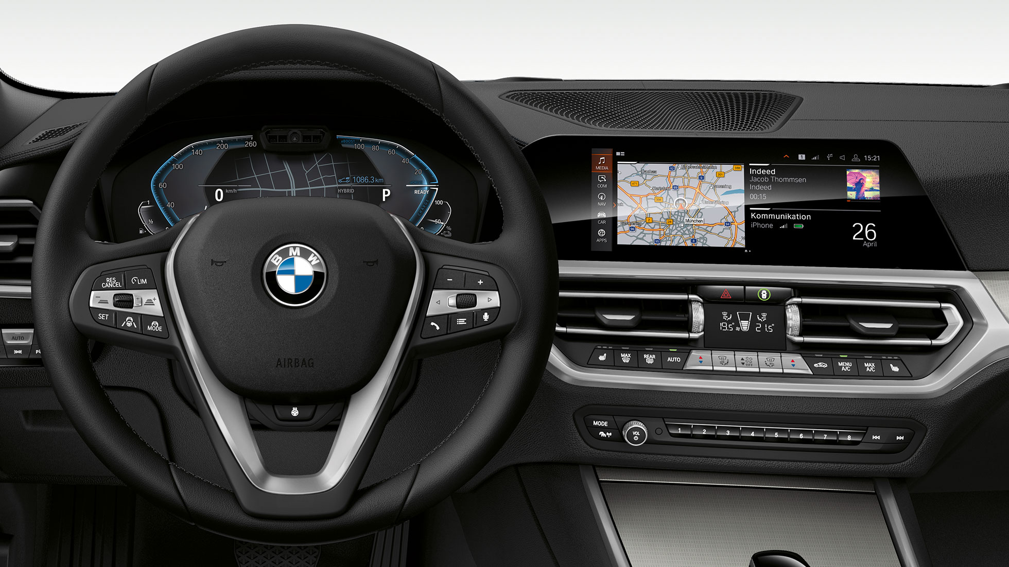 BMW 3 Series Sedan, Cockpit. Detailed frontal view of the BMW 3 Series Sedan cockpit with i-specific display.
